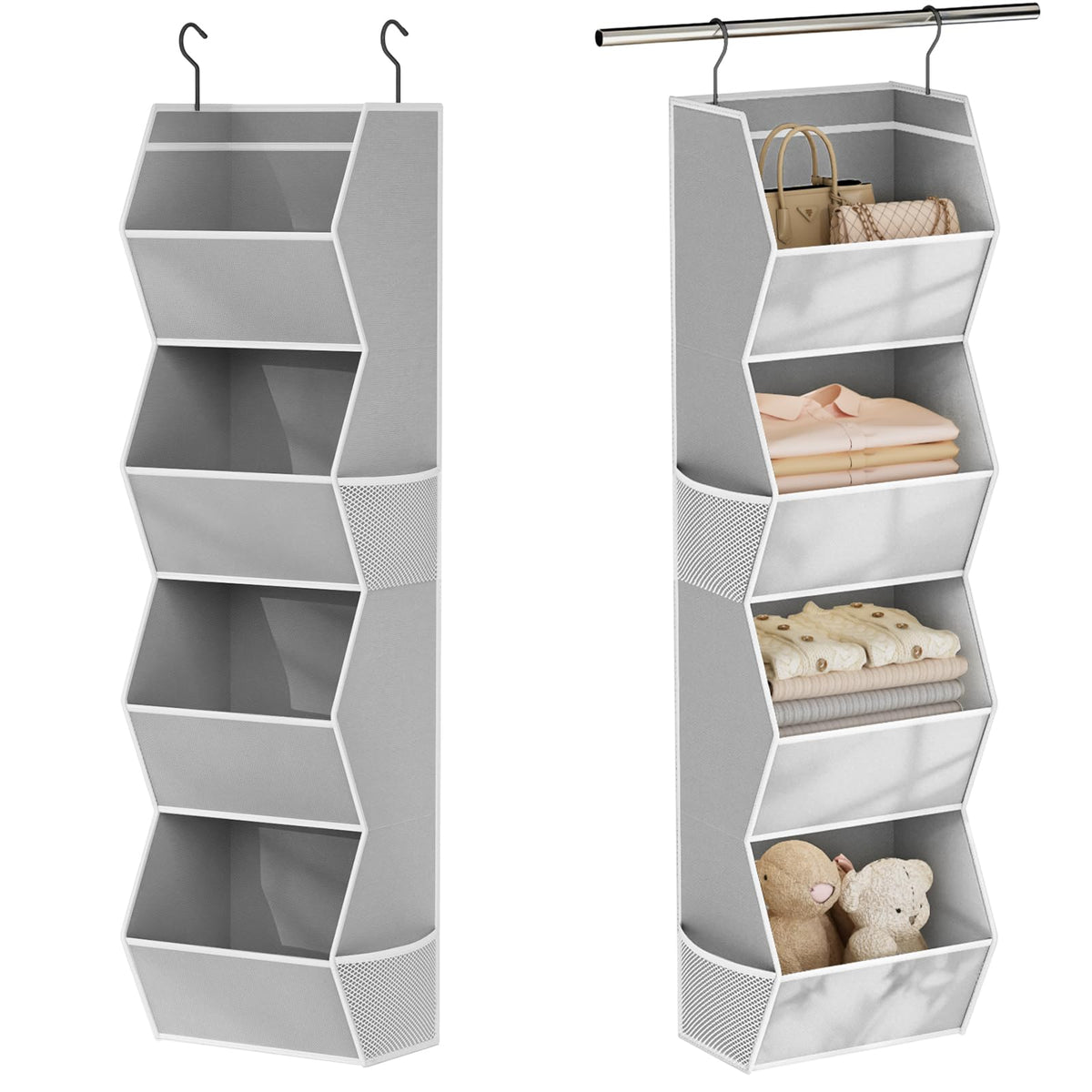 Hanging Closet Organizer 4 Shelf Collapsible Bedroom Closet Organizers and Storage Hanging with Mesh Pockets for Clothes, Fabric Hanging Storage Bins for Wardrobe Closet Organization and Storage, Grey