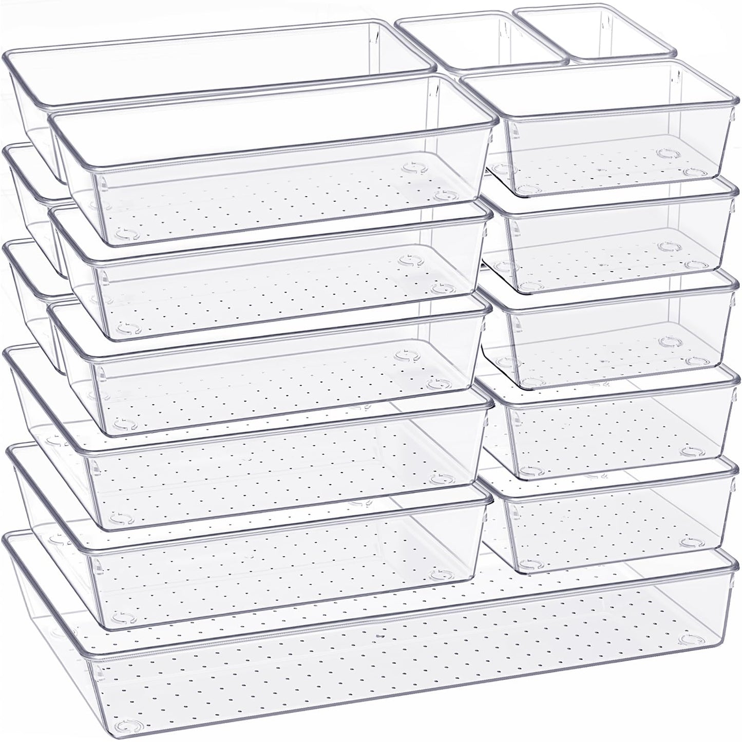 Criusia Drawer Organizer, 10 Pack Large Clear Plastic Set, 3 Size Versatile Bathroom and Vanity Organizer Trays, Storage Bins for Makeup, Bedroom, Kitchen Utensils