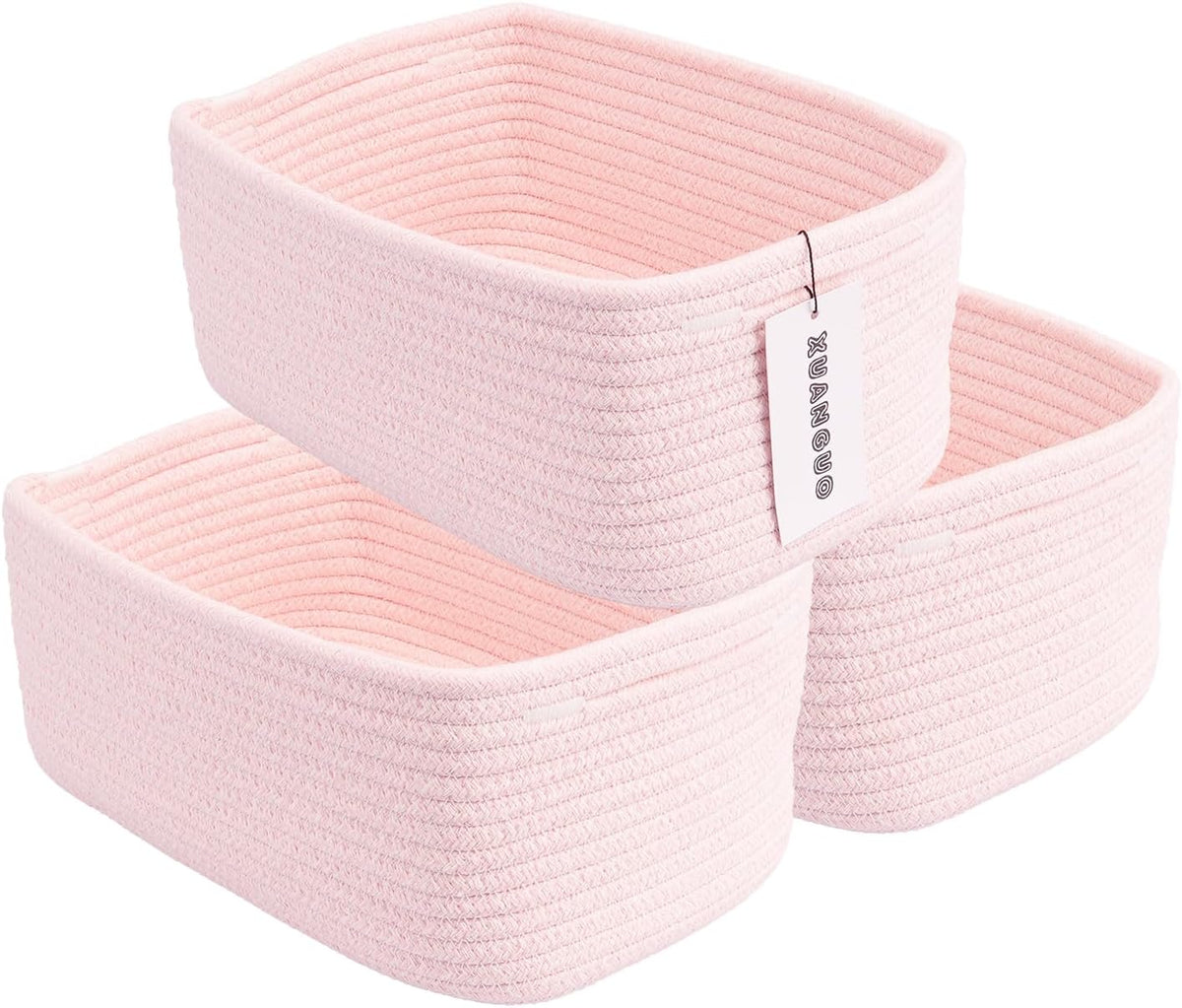 XUANGUO Small Woven Storage Baskets for Shelves, 12" x 8" x 5", Pink