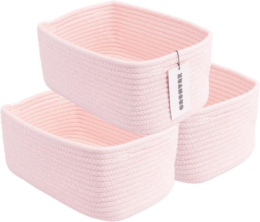 XUANGUO Small Woven Storage Baskets for Shelves, 12" x 8" x 5", Pink