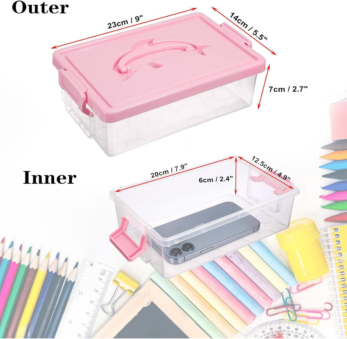 BTSKY 1-Pack Clear Small Plastic Storage Box with Lid - 9″x5.5″x2.8″, Pink