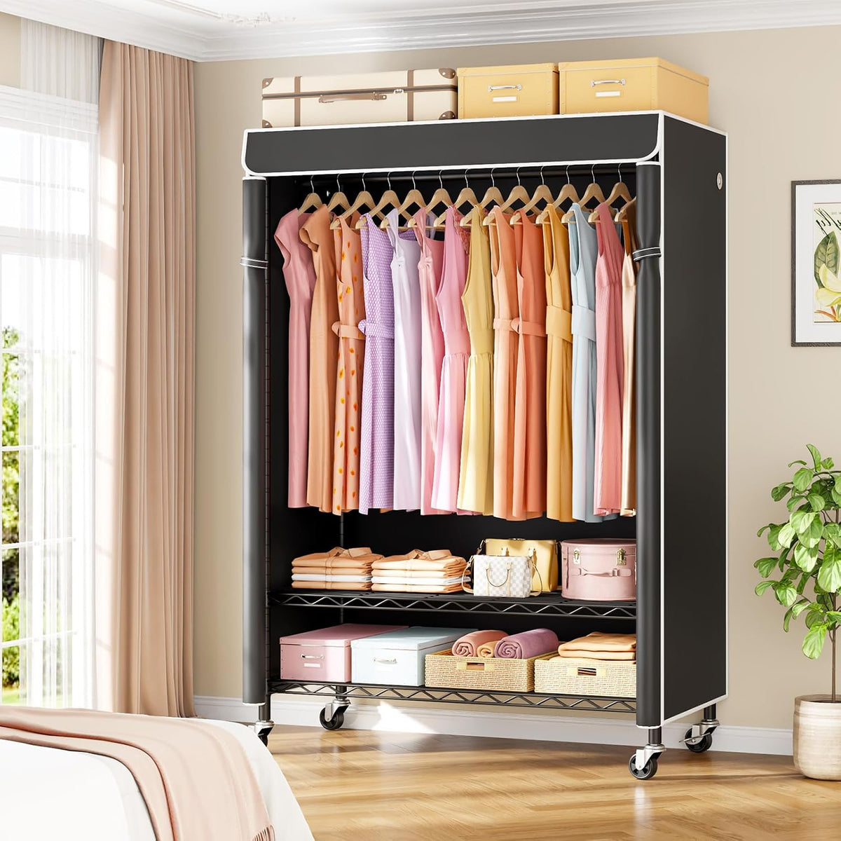 ULIFHOME P6C Plus Rolling Clothes Rack with Cover, Covered Clothing Rack