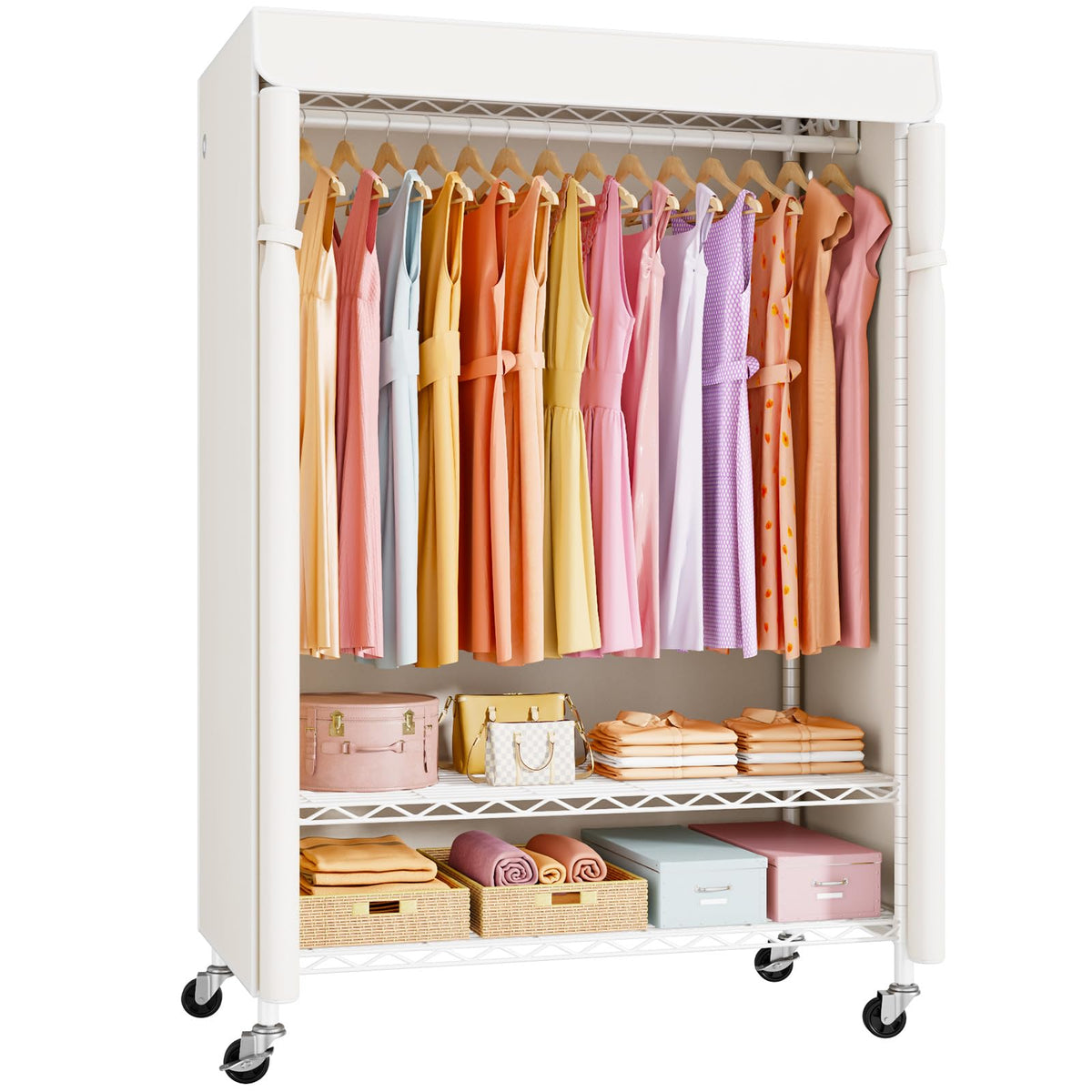 ULIFHOME P6C Plus Rolling Clothes Rack with Cover, Covered Clothing Rack
