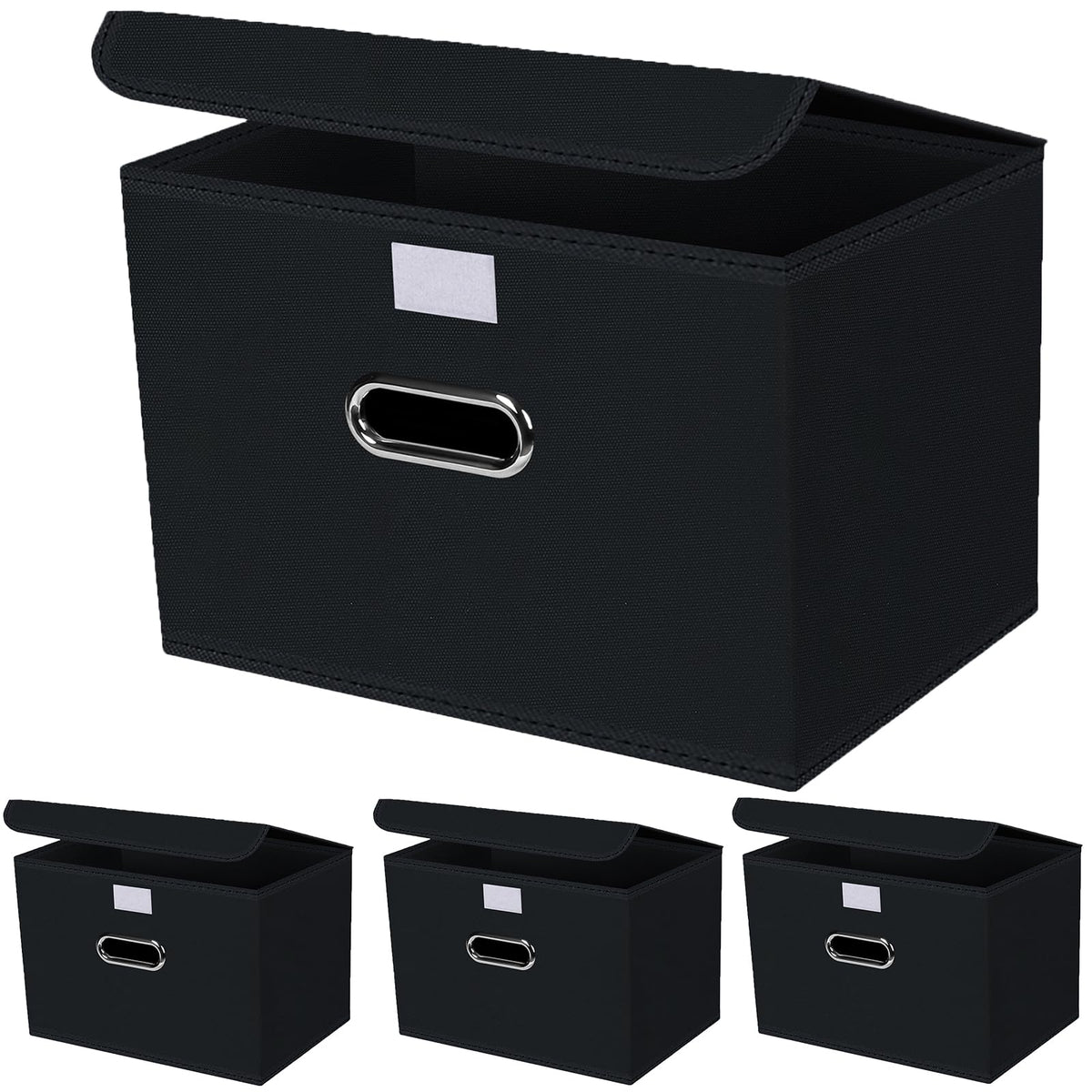 Linen Fabric Foldable Collapsible Storage Cube Bin Organizer Basket Fabric Storage Bins with Lid, Leather Handles, Removable Divider for Home, Closet,Navy Blue 3Pcs