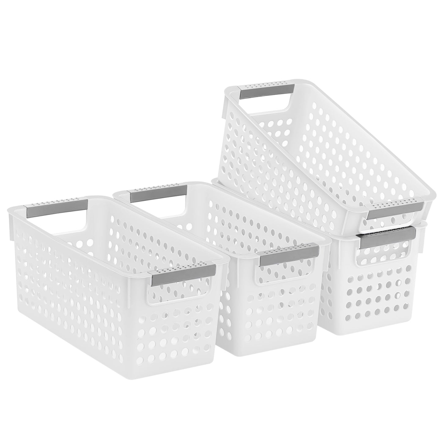 Soddeph 4 Pack Slim Plastic Storage Basket with Handles, Rectangular Storage Bins for Shelves,Narrow Organizer box for Organizing, Kitchen,Home,Office (White, Small)