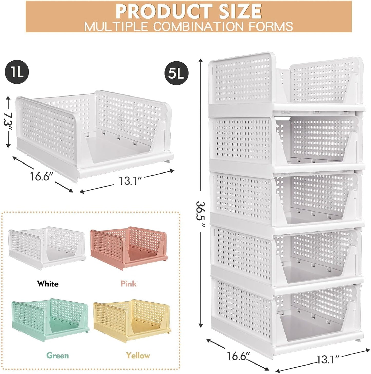 caktraie 5 Pack Stackable Closet Storage Basket - Stackable Storage Bins
