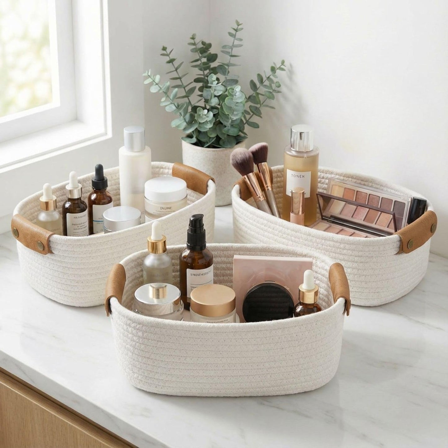 Beautiful Storage Basket Set of 3 - Sturdy Jute Rope Baskets for Shelves