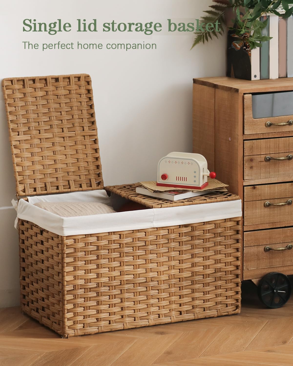 SETVSON Storage Basket with Lid, 2-Lid PE Rattan Storage Bin, Natural
