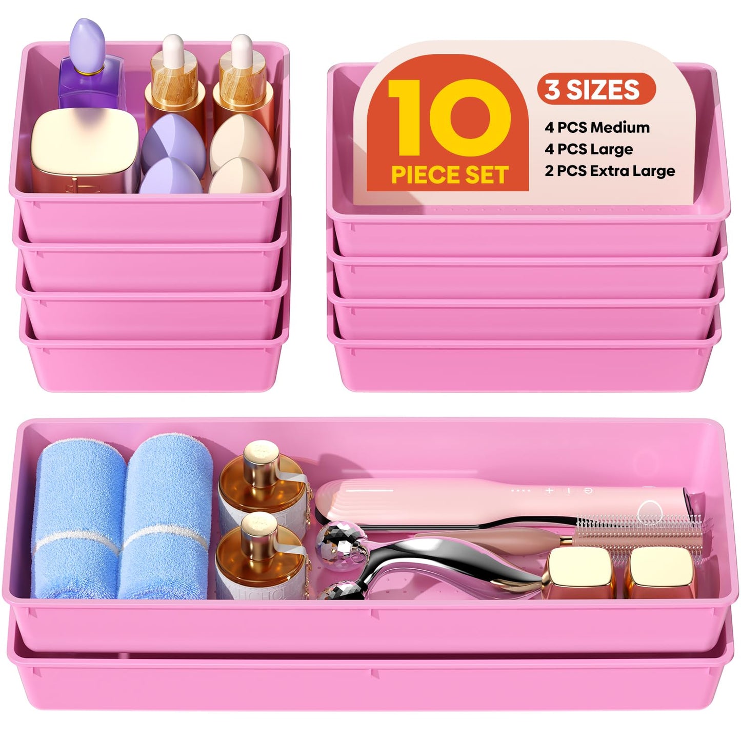 10 Pack Large Size Plastic Drawer Organizers Set, 3 Sizes Desk Drawer Organizer Trays, Storage Bins for Vanity, Makeup, Bathroom, Kitchen Utensils and Office (Black)