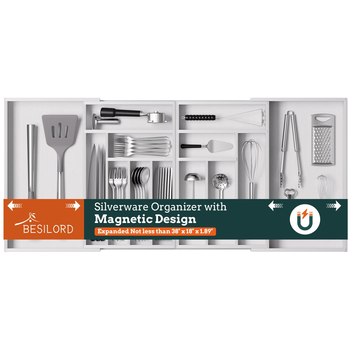Silverware Organizer Large, Magnetic Connected Expandable 13 Slots Silverware Drawer Organizer From 21 to 37.4 Inches, Adjustable Flatware and Cutlery Holder, Bamboo Utensil Tray for Kitchen Natural