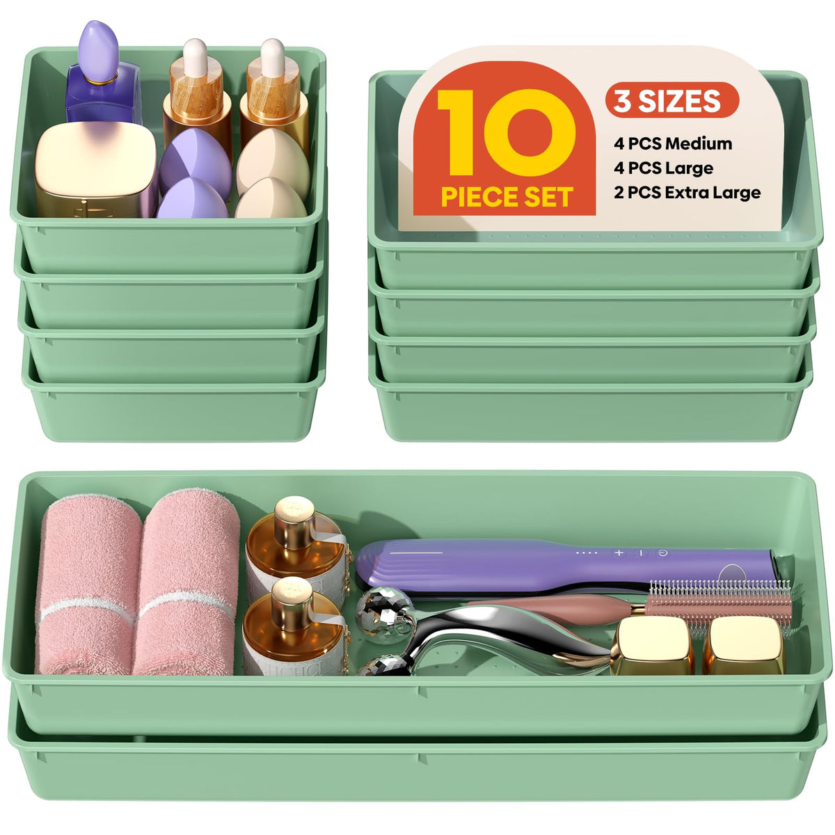 10 Pack Large Size Plastic Drawer Organizers Set, 3 Sizes Desk Drawer Organizer Trays, Storage Bins for Vanity, Makeup, Bathroom, Kitchen Utensils and Office (Black)