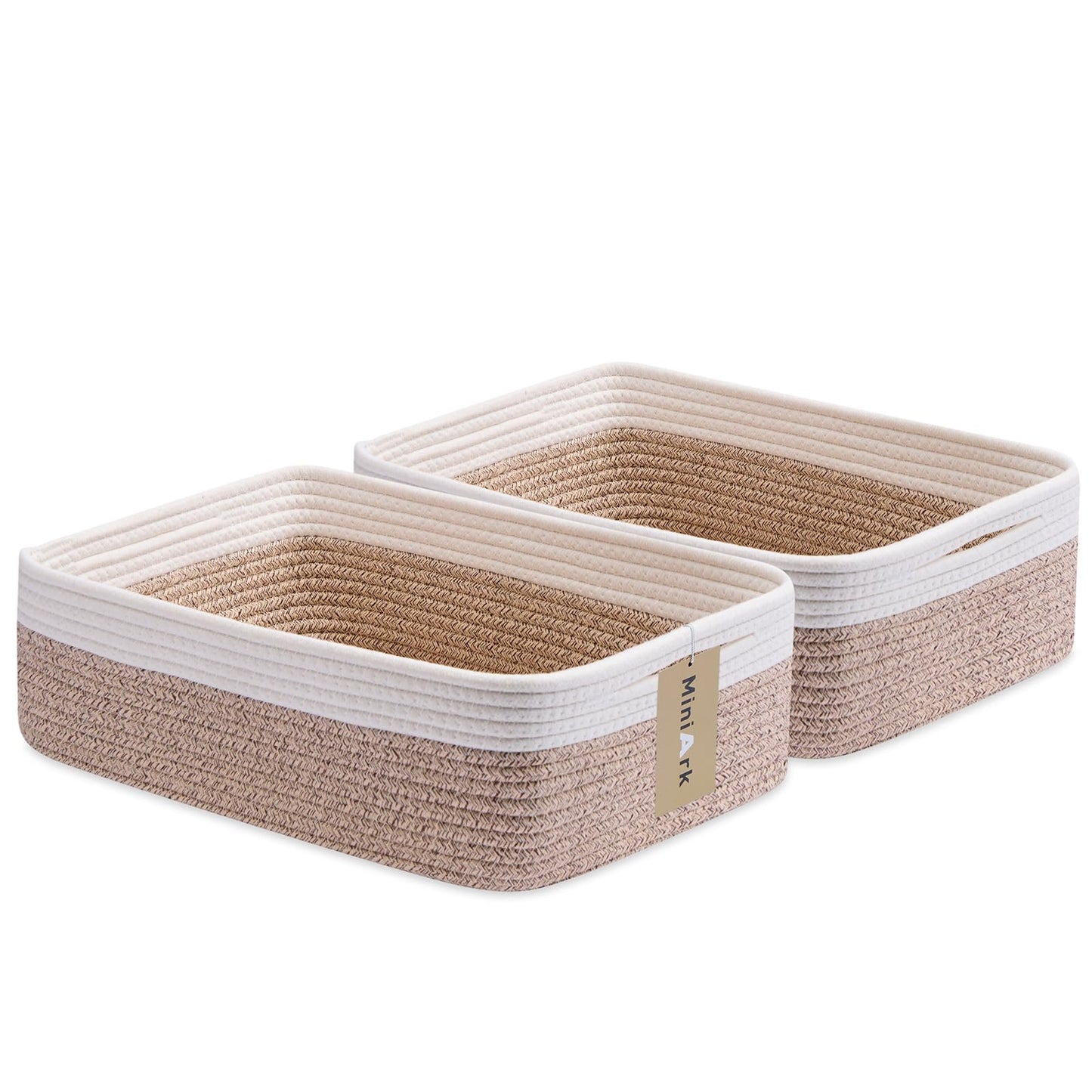 MiniArk Large Shallow Organizing Baskets 15x11x5.1 Inches - Rope Woven Storage Bins for Bathroom, Shelves, Cube Closet, Mixed Brown 2 Packs