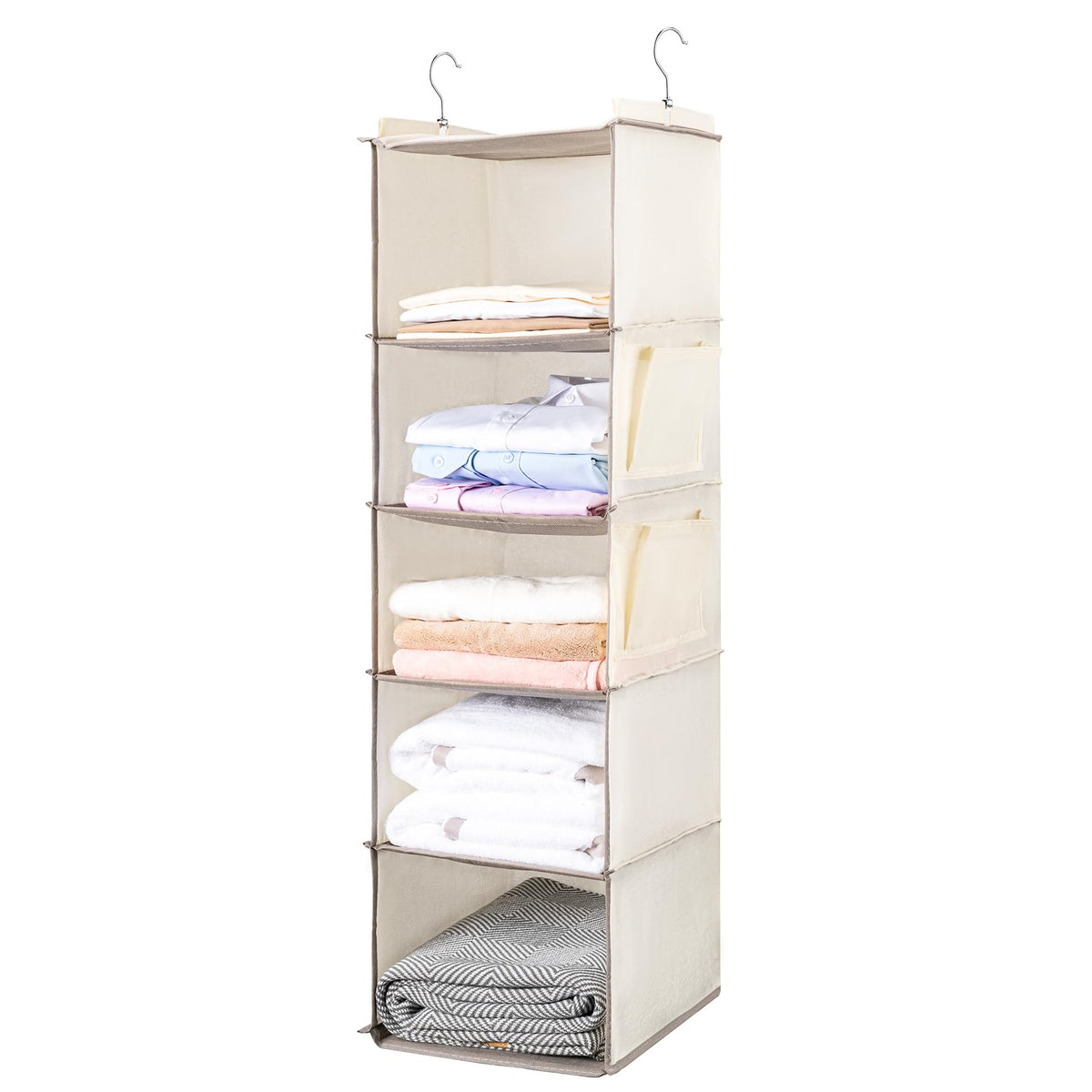 BOOMIBOO Hanging Closet Organize and Shelves，5-Hanging Shelf with 2 Side Pockets，Storage Foldable （Grey）