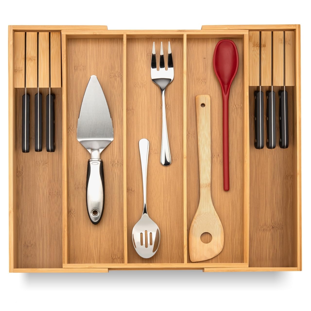 Purawood Kitchen Drawer Organizer - Expandable Utensil Drawer Organizer for Kitchen, Cutlery Tray & Silverware Organizer, 3-5 Slots - Bamboo Organizer for Utensils & Flatware (Natural)