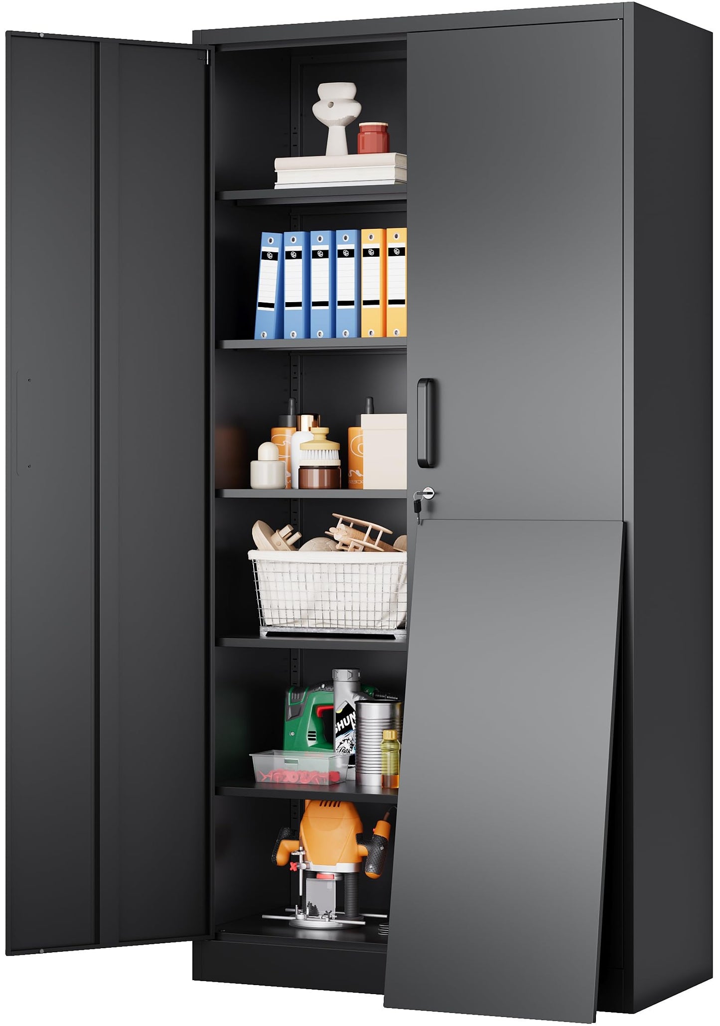 Wide & Deep Metal Storage Cabinet with Hanging Rod,Black Broom Closet Storage Cabinet with Lock,72" Tall Wardrobe Cabinets with Doors and Shelves,Locking Steel Tool Cabinets for Home,Office,Garage
