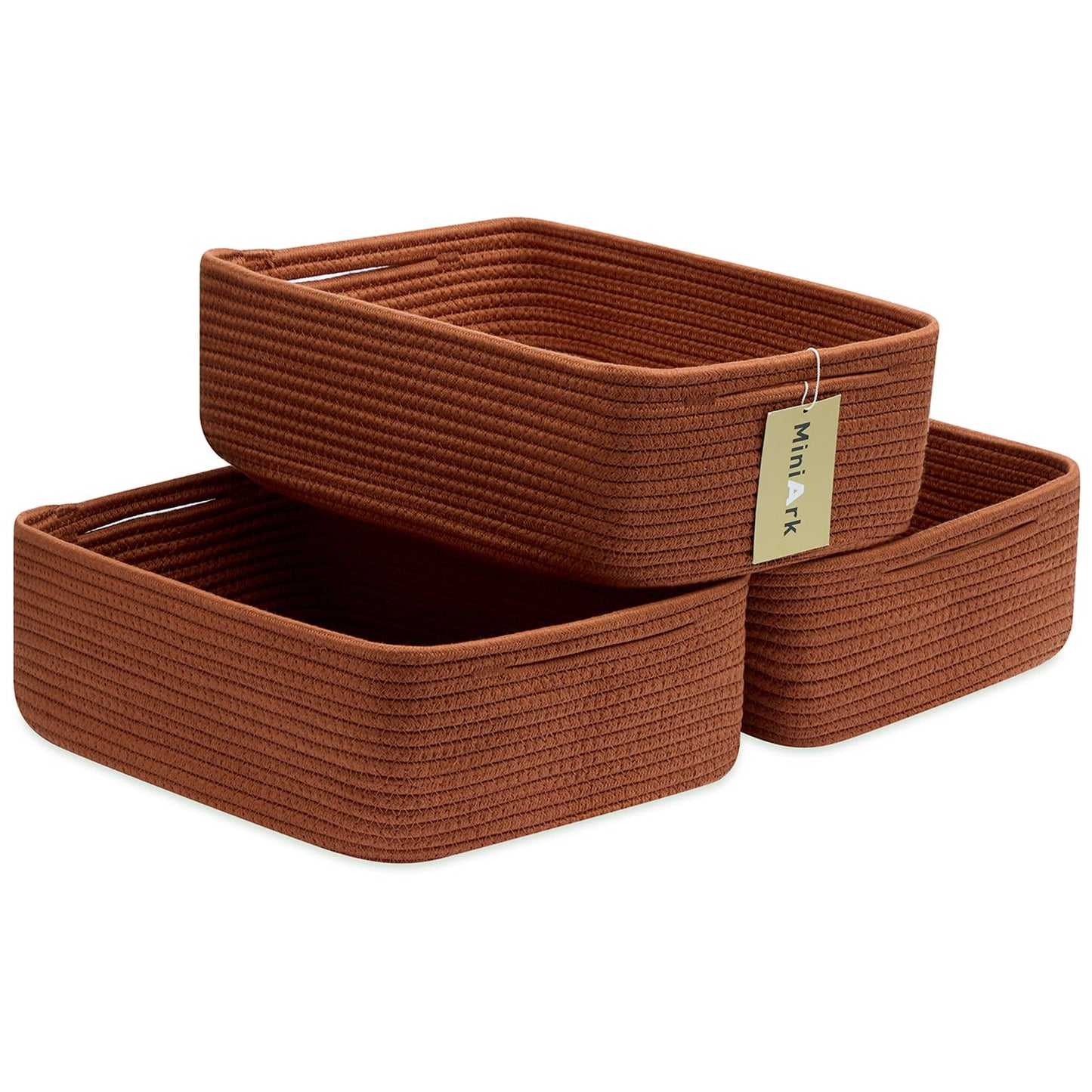 MiniArk Large Shallow Organizing Baskets 15x11x5.1 Inches - Rope Woven Storage Bins for Bathroom, Shelves, Cube Closet, Mixed Brown 2 Packs