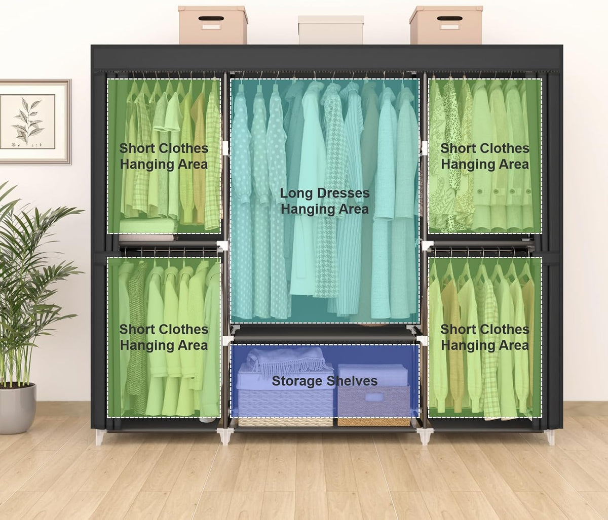 MOGELAFOO 64.5” Portable Closet, Freestanding Wardrobe Clothes Rack with Fabric Cover, 5 Hanging Rods and 6 Storage Shelves for Bedroom, Black