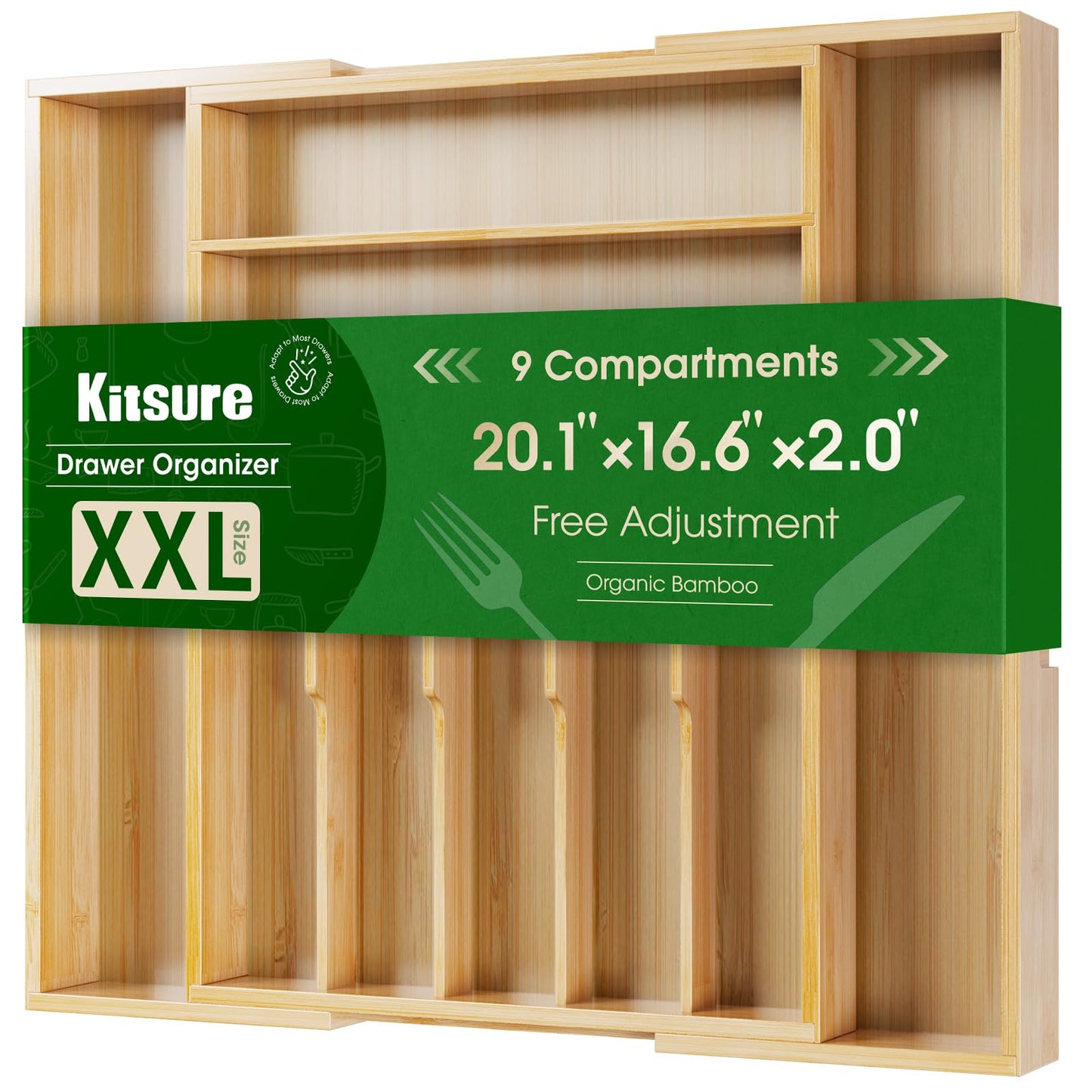 Kitsure Silverware Organizer, Bamboo Kitchen Drawer Tray, Natural, Large