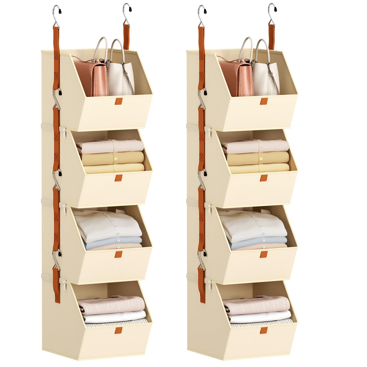 Homsorout Hanging Closet Organizer 4 Tier - Clothes Hanging Shelves, Space-Saving Closet System, Fabric Storage Bins Bedroom Organization, Collapsible Baskets for Home, Dorm, Rv, Beige