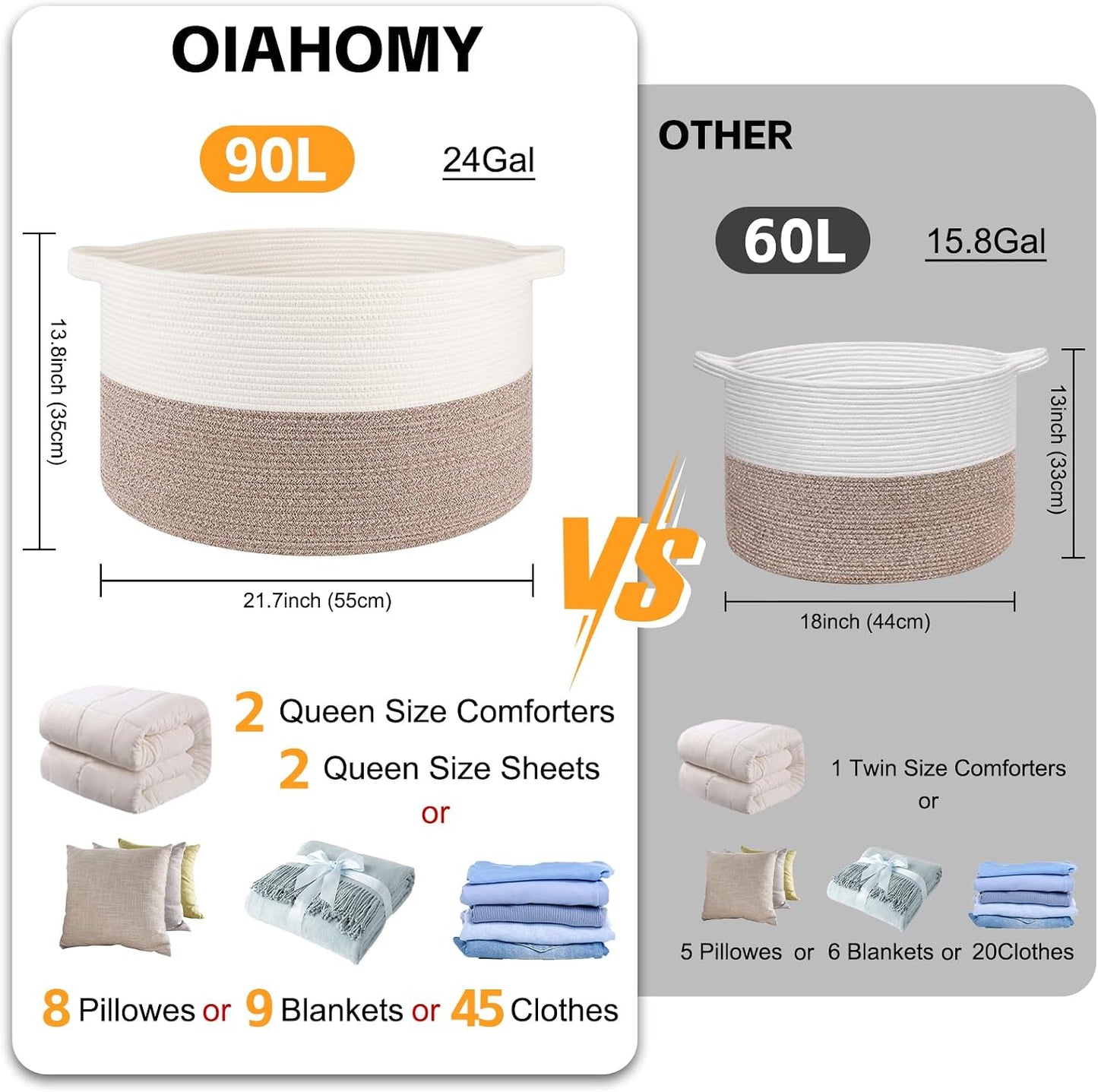 OIAHOMY 90L XXXLarge Blanket Basket Living Room Laundry Basket Brown