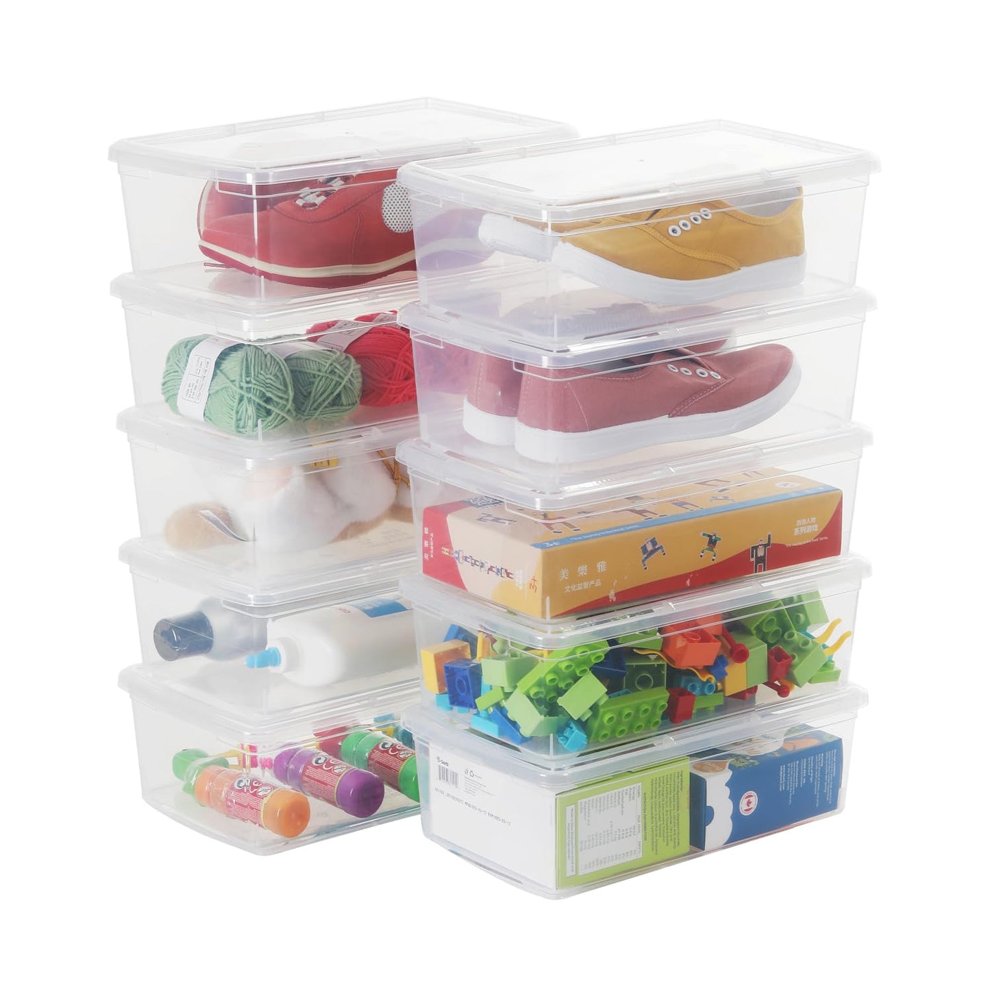 Stackable Plastic Storage Shoebox, BPA-Free Nestable Container with Latching Lid to Organize Shoes, See-Through Box for Home and Office, Multi-Purpose Clear Bins (12 Pack 6 Quart)