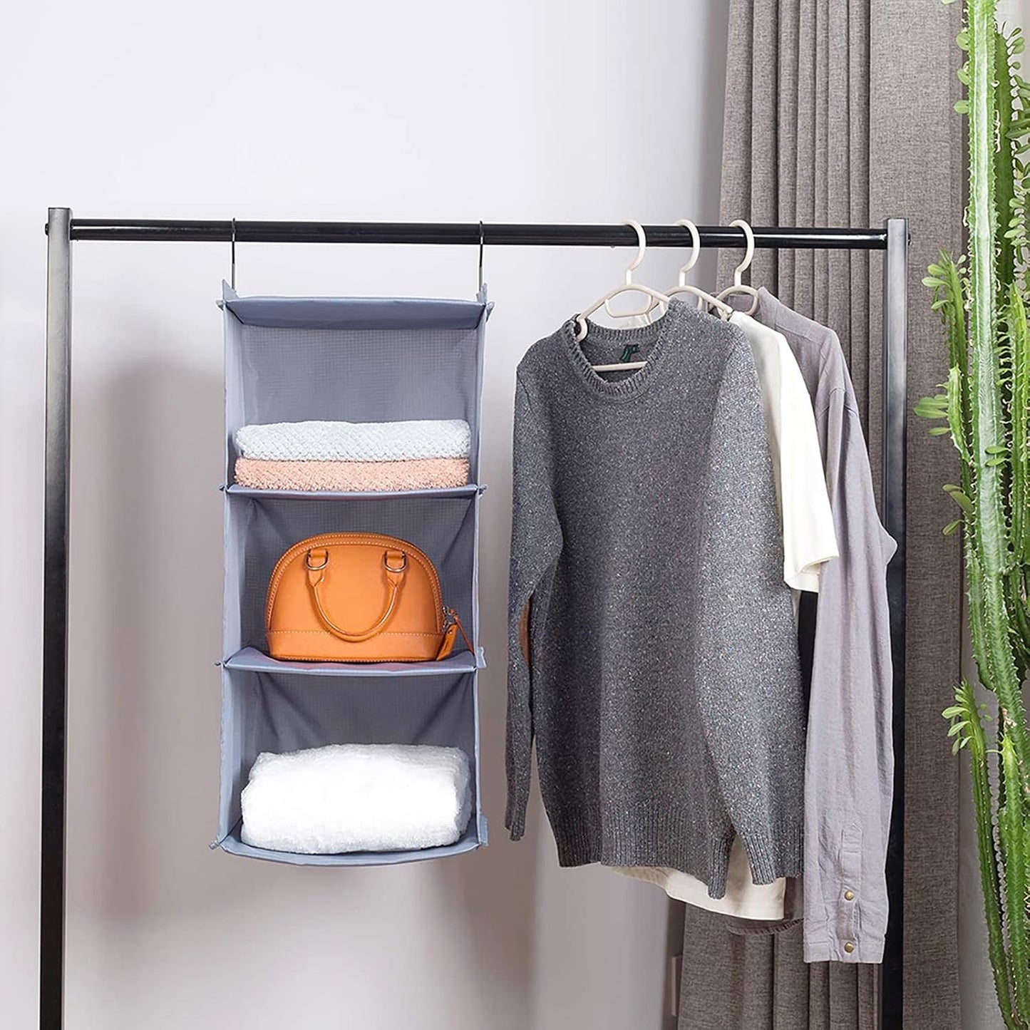 Hanging Closet Organizer 3-Shelf, Oxford Fabric Wardrobe Storage, Gray