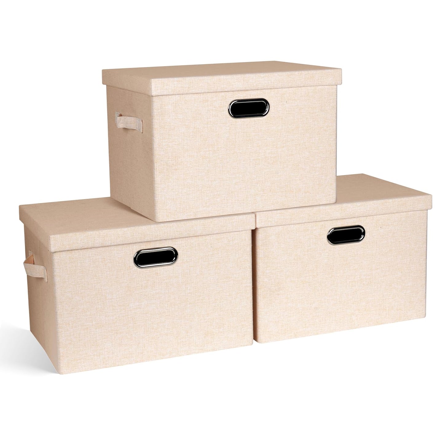 Graciadeco Large Quart Collapsible Stackable Storage Bins with Lids, 3 Packs Beige Linen Fabric Closet Boxes with Lids, Storage Cube Baskets Container Organizers for Bedroom Office(16.6 x 11.7 x 10.8)