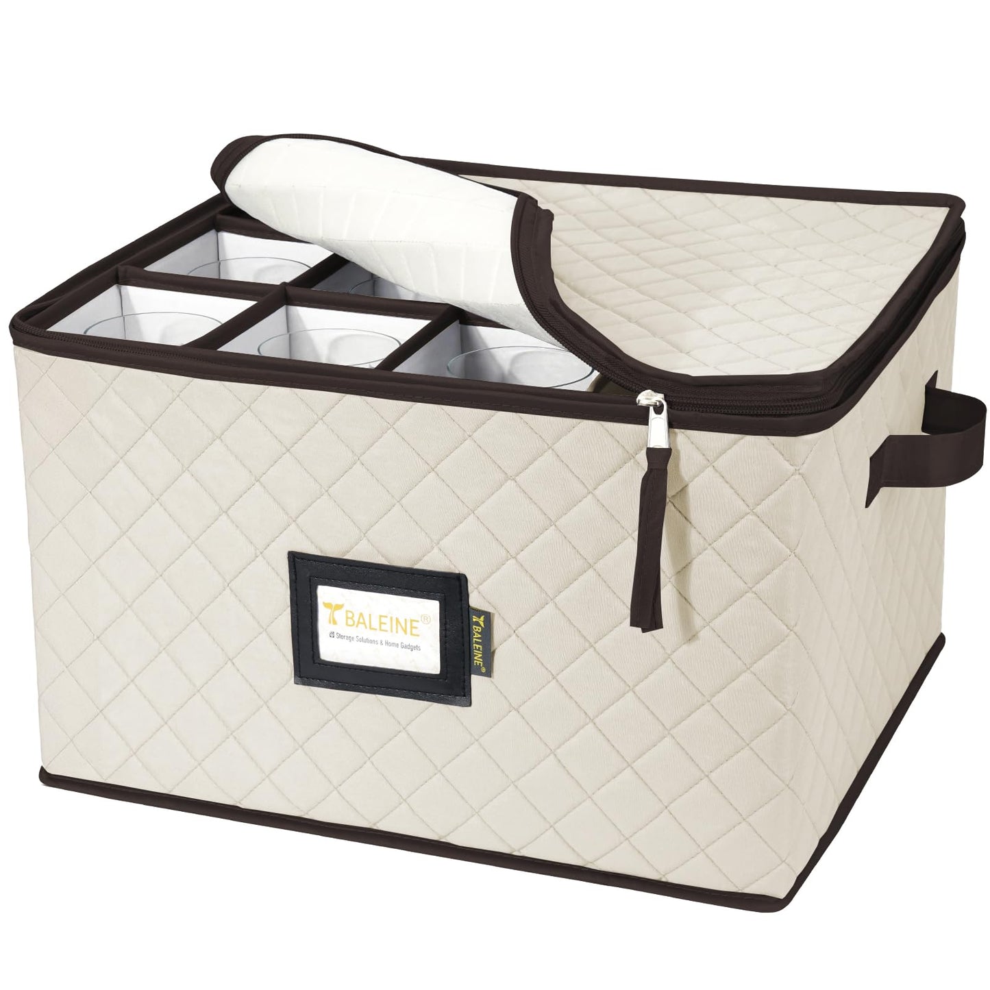 BALEINE China Storage Containers, Sturdy Quilted Wine Glass Storage, Plate Organizer with Carry Handles, Moving Boxes for Dishes, Cups, Mugs and Stemware (Plate Mug Combo, Soft Shell Cream)