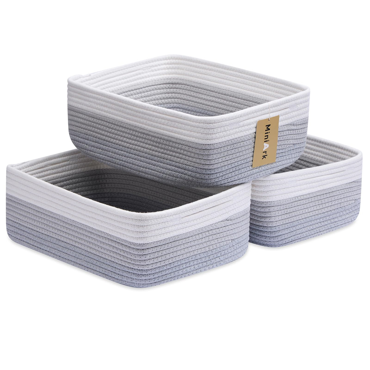 MiniArk Large Shallow Organizing Baskets 15x11x5.1 Inches - Rope Woven Storage Bins for Bathroom, Shelves, Cube Closet, Mixed Brown 2 Packs