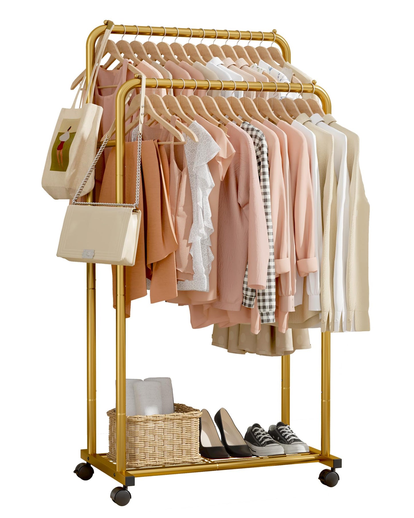 Sakugi Clothes Rack - Clothing Rack with Storage Mesh Shelf & Casters, Heavy-Duty Metal Clothing Rack for Hanging Clothes, Dresses, Coats, Large Load Capacity, Easy Assembly, Black, 28.0"x16.9"x59.0"