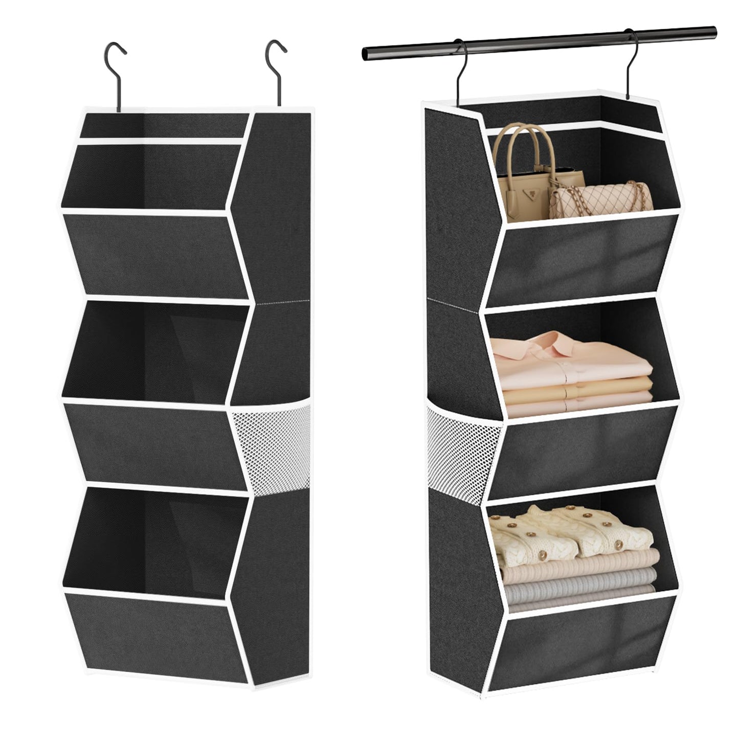 Hanging Closet Organizer 4 Shelf Collapsible Bedroom Closet Organizers and Storage Hanging with Mesh Pockets for Clothes, Fabric Hanging Storage Bins for Wardrobe Closet Organization and Storage, Grey