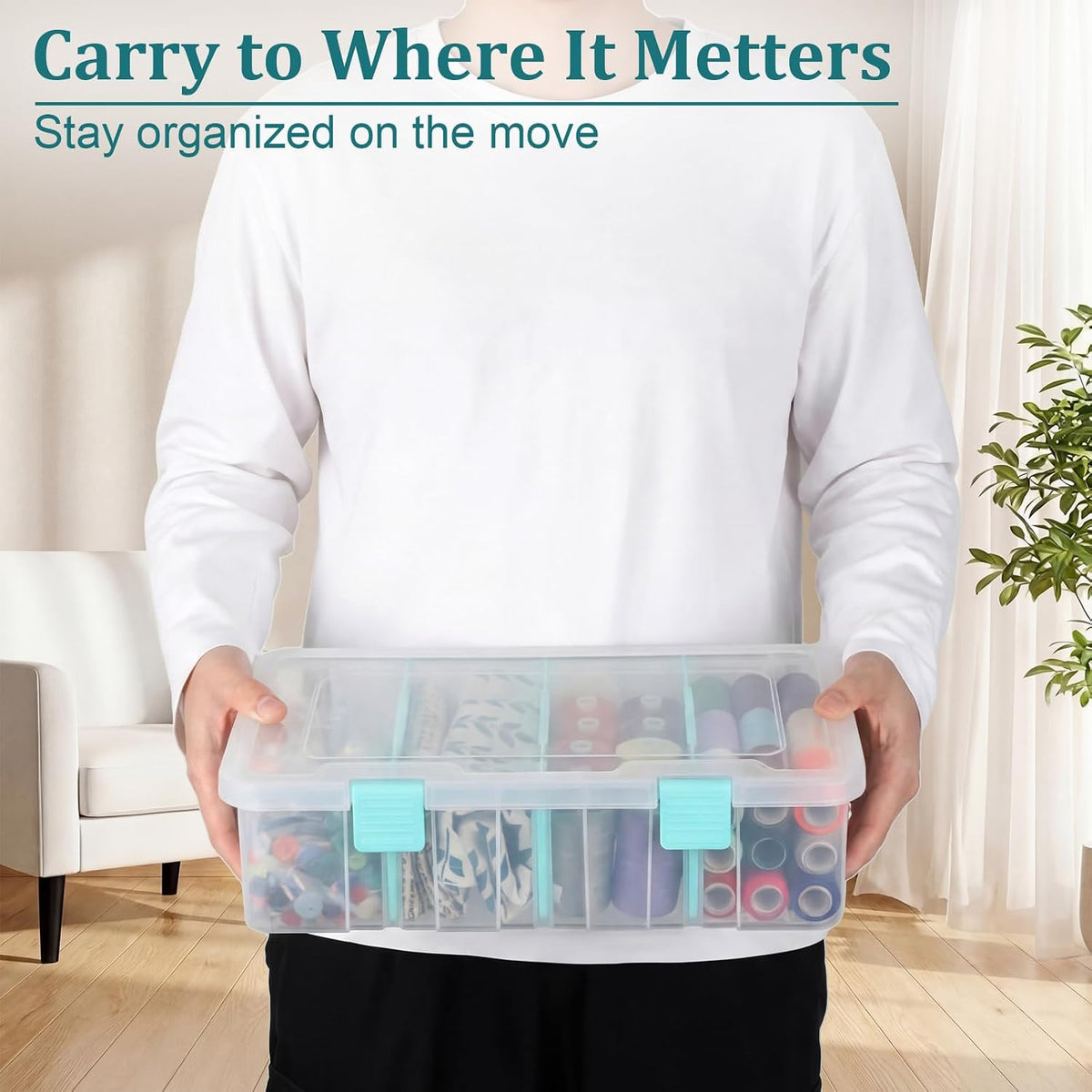 BTSKY Clear Plastic Dividing Storage Box with 4 Compartments Sewing Box