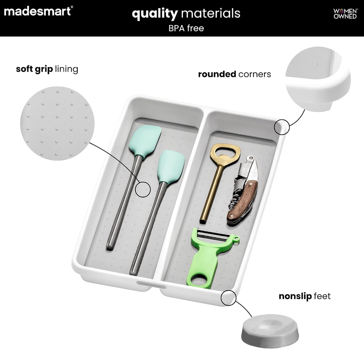madesmart Classic 2 Compartment Compact Utensil Tray, White