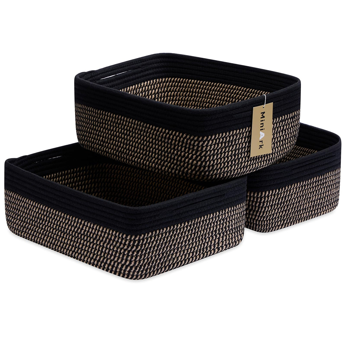 MiniArk Large Shallow Organizing Baskets 15x11x5.1 Inches - Rope Woven Storage Bins for Bathroom, Shelves, Cube Closet, Mixed Brown 2 Packs