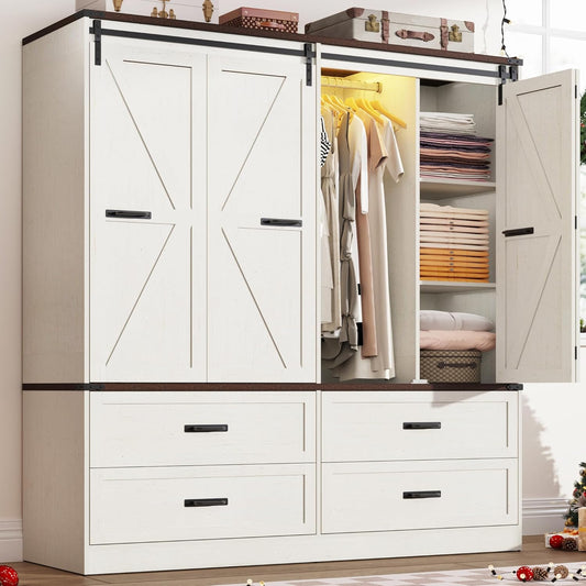 Farmhouse 4 Doors Armoire Wardrobe Closet w/Folding Sliding Barn Door and Lights, LED Armoire Closet w/Drawers for Bedroom, Freestanding Wooden Wardrobe Storage Closets w/Hanging Rod,Antique White