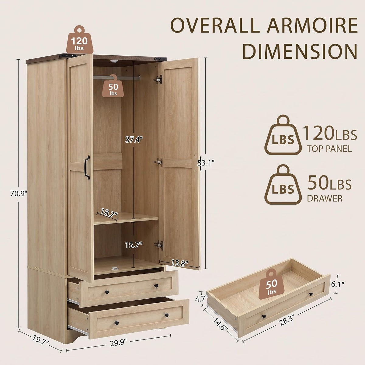 Yechen 71" Wooden Armoire Wardrobe Closet with 2 Doors & 2 Drawers, Natural