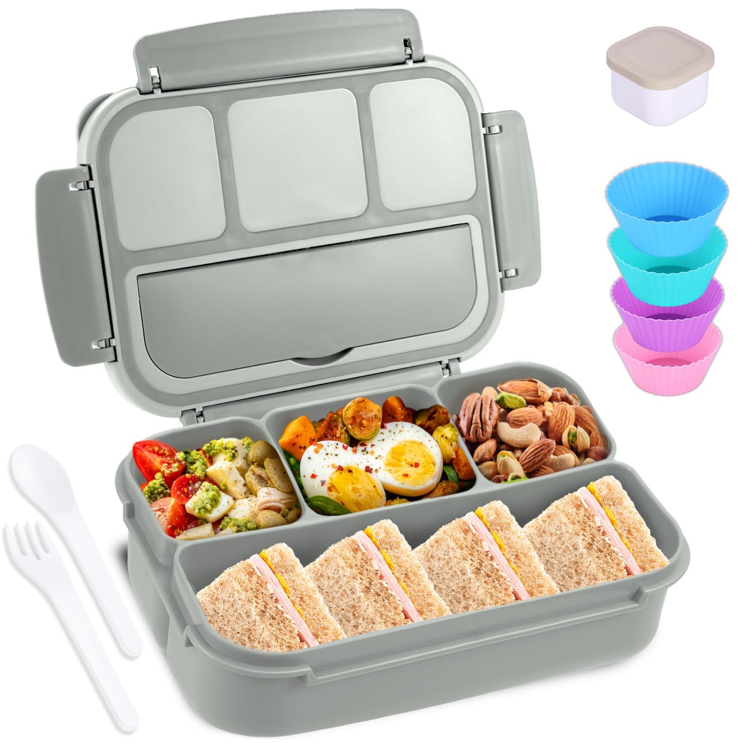 Bento Box Adult Lunch Box, Containers for Adults Men Women with 4 Compartments, Lunchable Food Container with Utensils, Sauce Jar, Muffin Liners, 40 Oz/5 Cup, Microwave & Dishwasher Safe, Brown