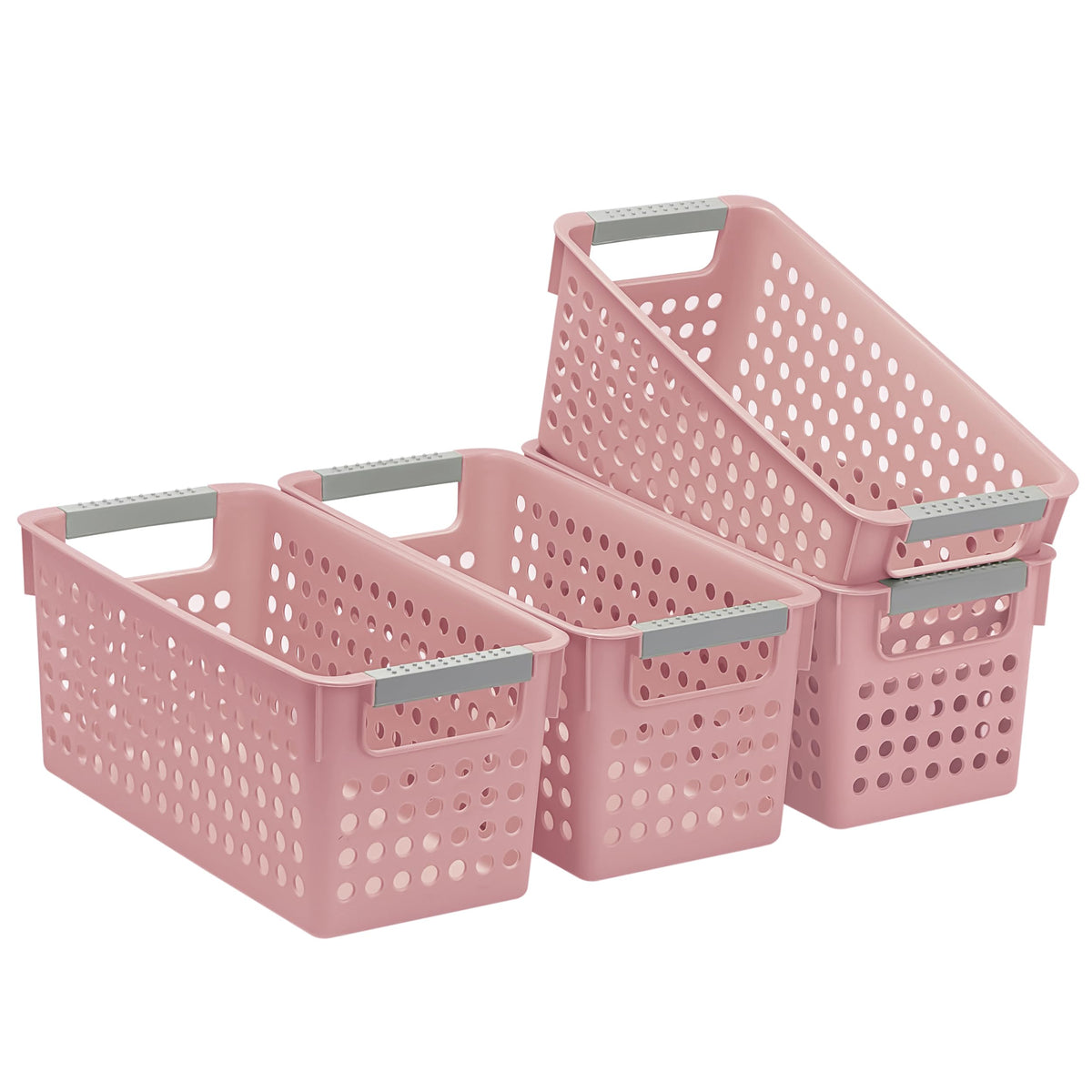 Soddeph 4 Pack Slim Plastic Storage Basket with Handles, Rectangular Storage Bins for Shelves,Narrow Organizer box for Organizing, Kitchen,Home,Office (White, Small)