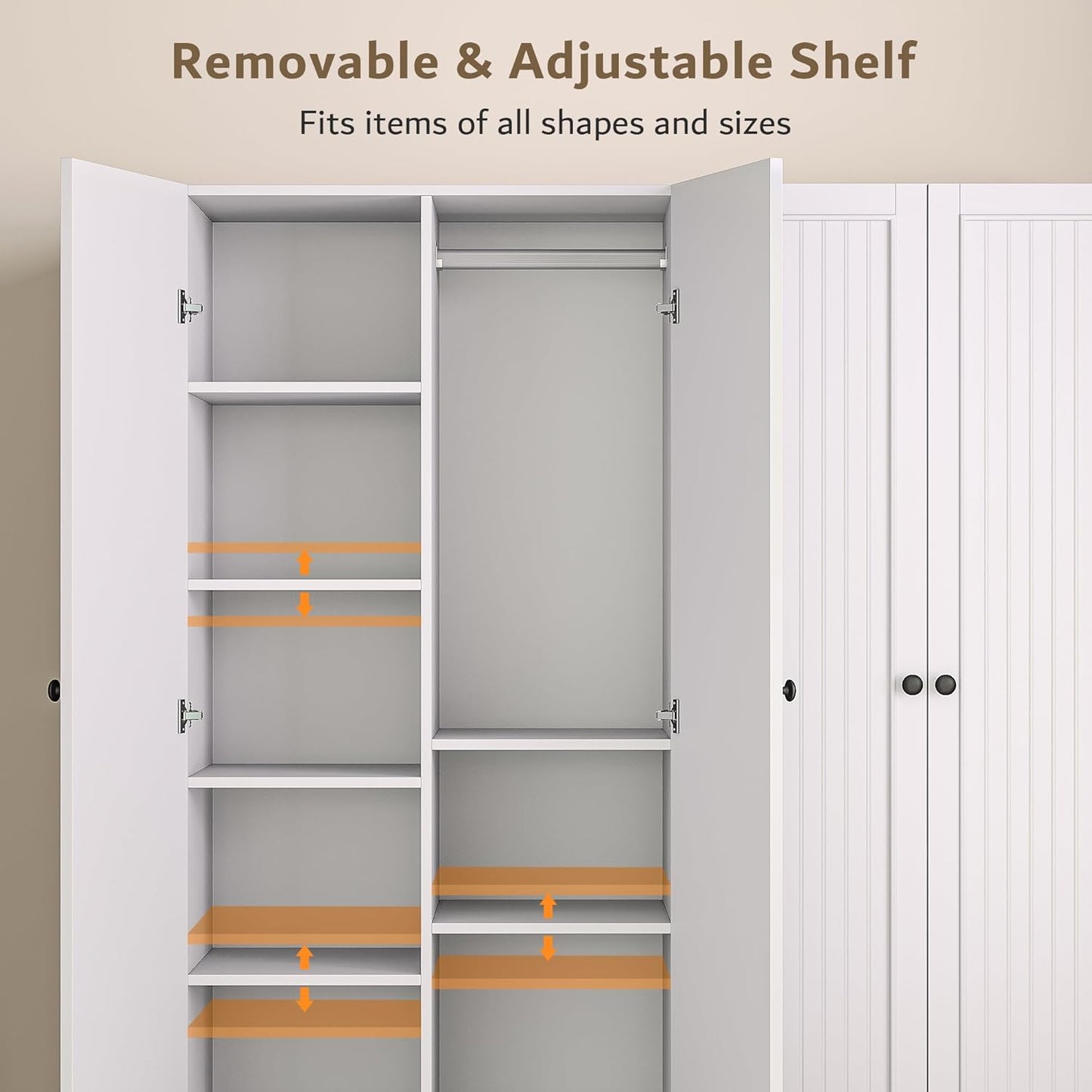 iPormis 4 Doors Armoire Wardrobe Closet with 2 Drawers, 63" Large Wardrobe Cabinet with Removable Hanging Rods and Adjustable Shelves, Closet Storage Cabinet for Bedroom, Cloak Room, White