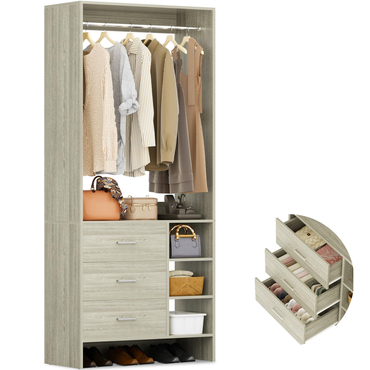 Aheaplus 1.8FT Closet System with Drawers, 21.5’’ Closet Organizer, White