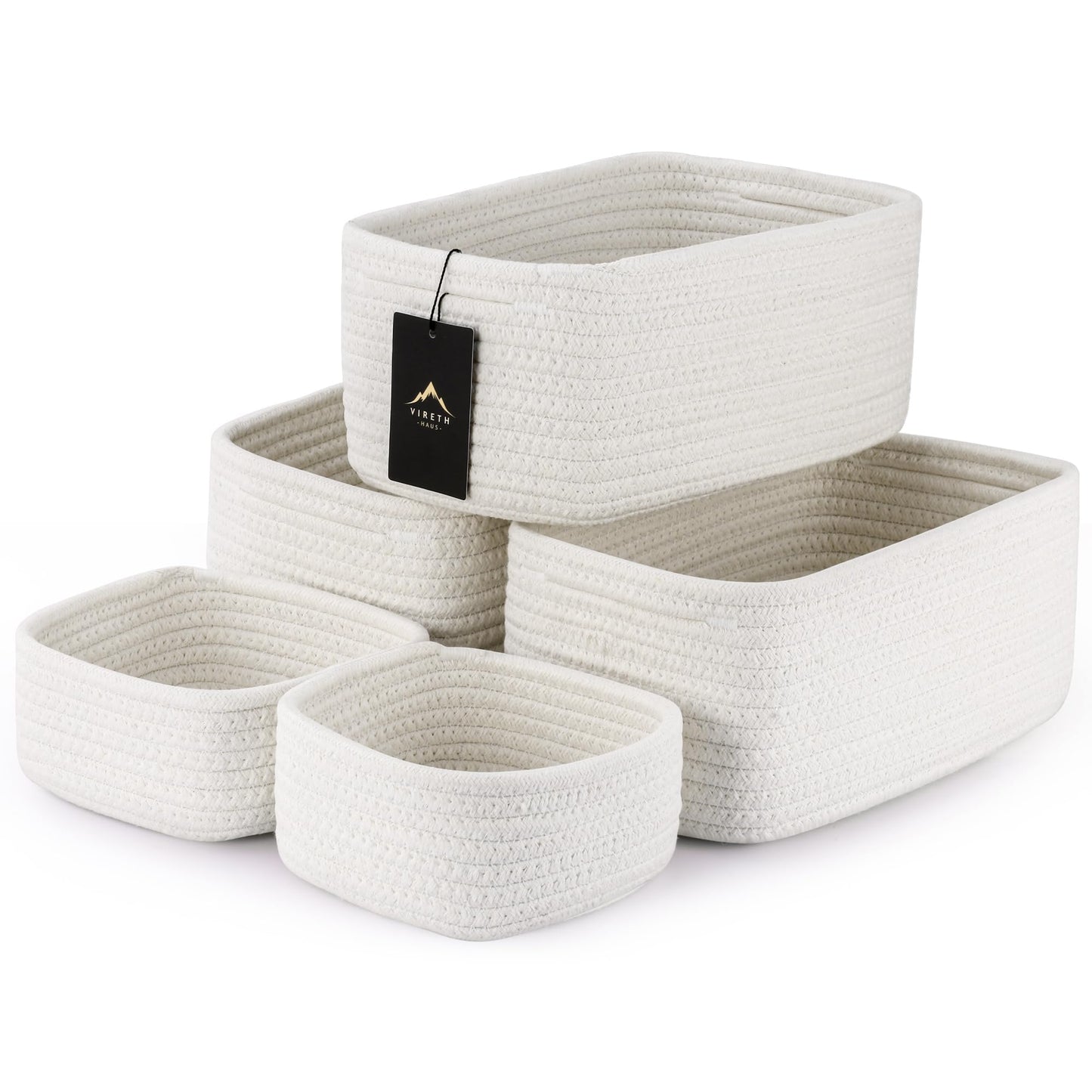 5-Pack Small Woven Rope Storage Baskets, 2 Sizes Organizer Bins