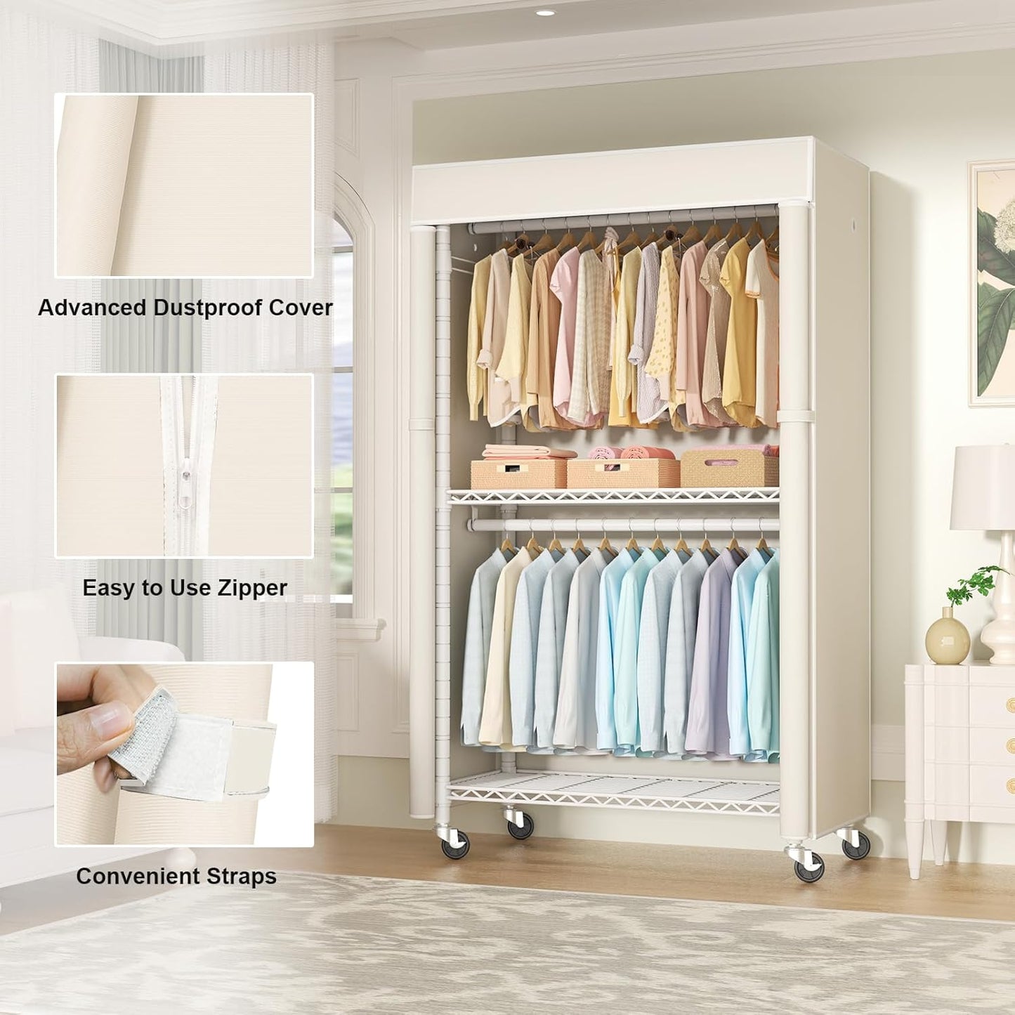 FUTASSI White Clothing Rack with Beige Cover, P1C Rolling Closets