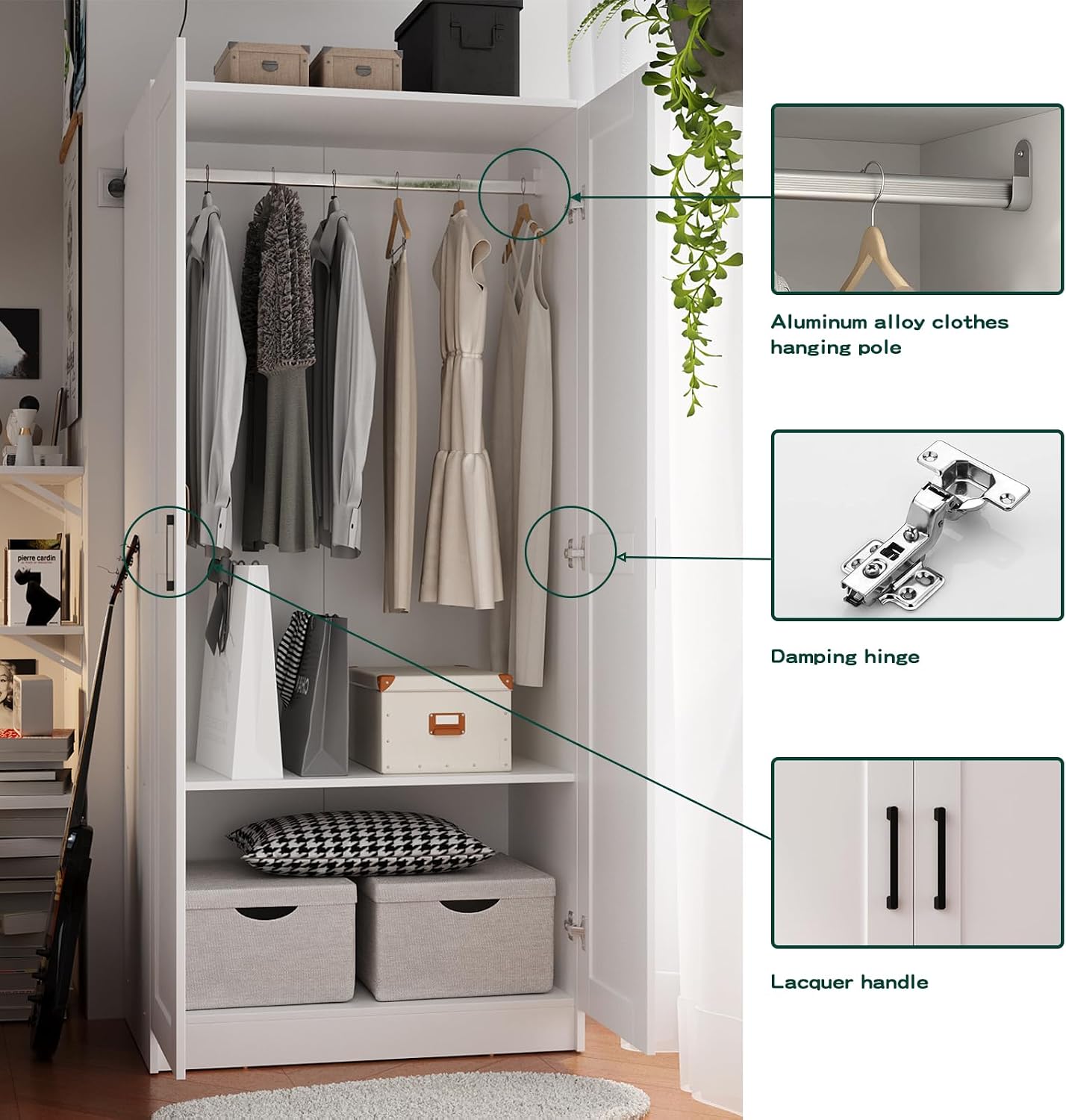 Fenghua Lizhi Wood White Wardrobe Closet with 2 Doors and 2 Drawers，Bedroom Freestanding Armoire Storage Cabinet with Shelves，Wooden Wardrobe Combination for Hanging Clothes (White 2 Drawers)