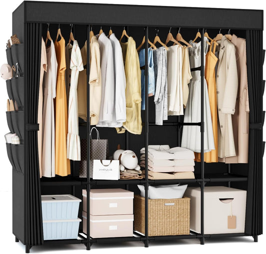 Portable Closet for Hanging Clothes, 67 Inch Wide Portable Wardrobe Closet with Cover, 4 Hanging Rod, Storage Shelves and Side Pockets, Large Free Standing Closet for Bedroom, Black