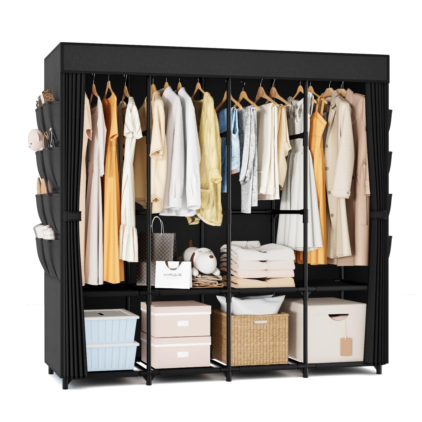 Portable Closet for Hanging Clothes, 67 Inch Wide Portable Wardrobe Closet with Cover, 4 Hanging Rod, Storage Shelves and Side Pockets, Large Free Standing Closet for Bedroom, Black