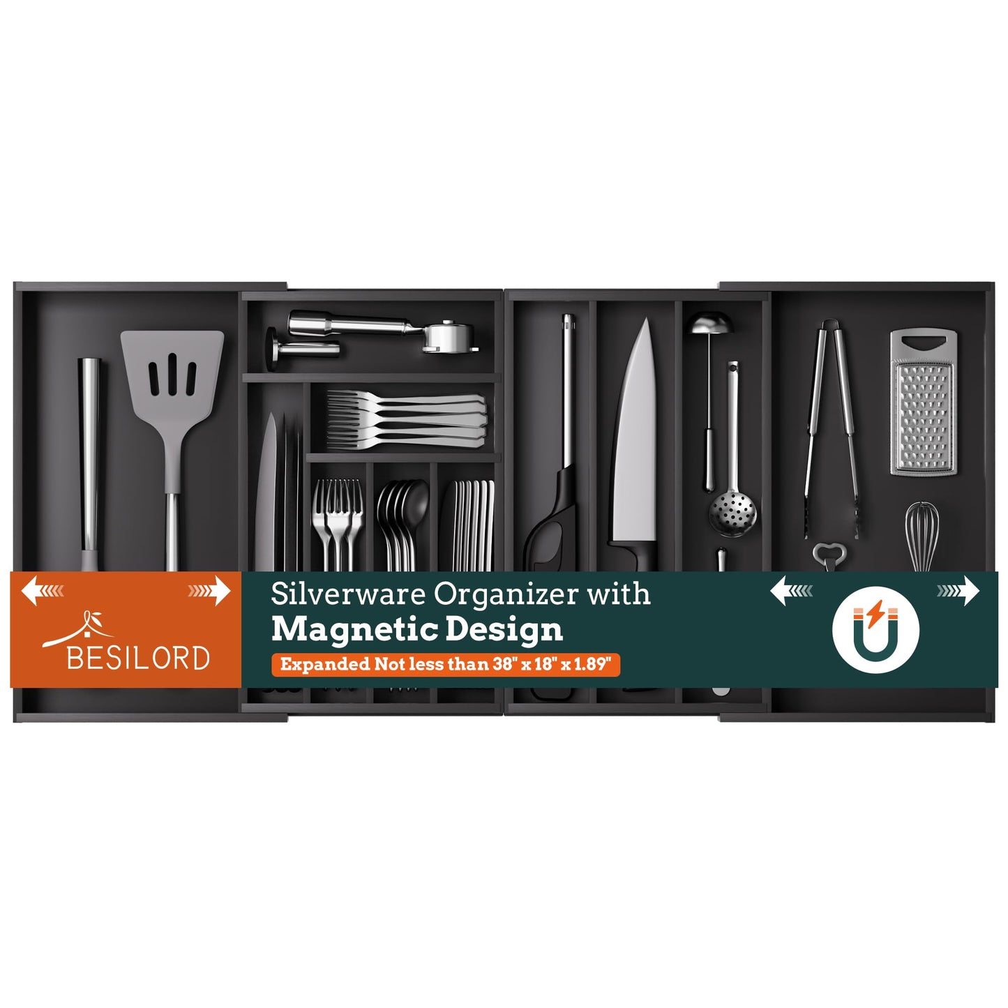 Silverware Organizer Large, Magnetic Connected Expandable 13 Slots Silverware Drawer Organizer From 21 to 37.4 Inches, Adjustable Flatware and Cutlery Holder, Bamboo Utensil Tray for Kitchen Natural