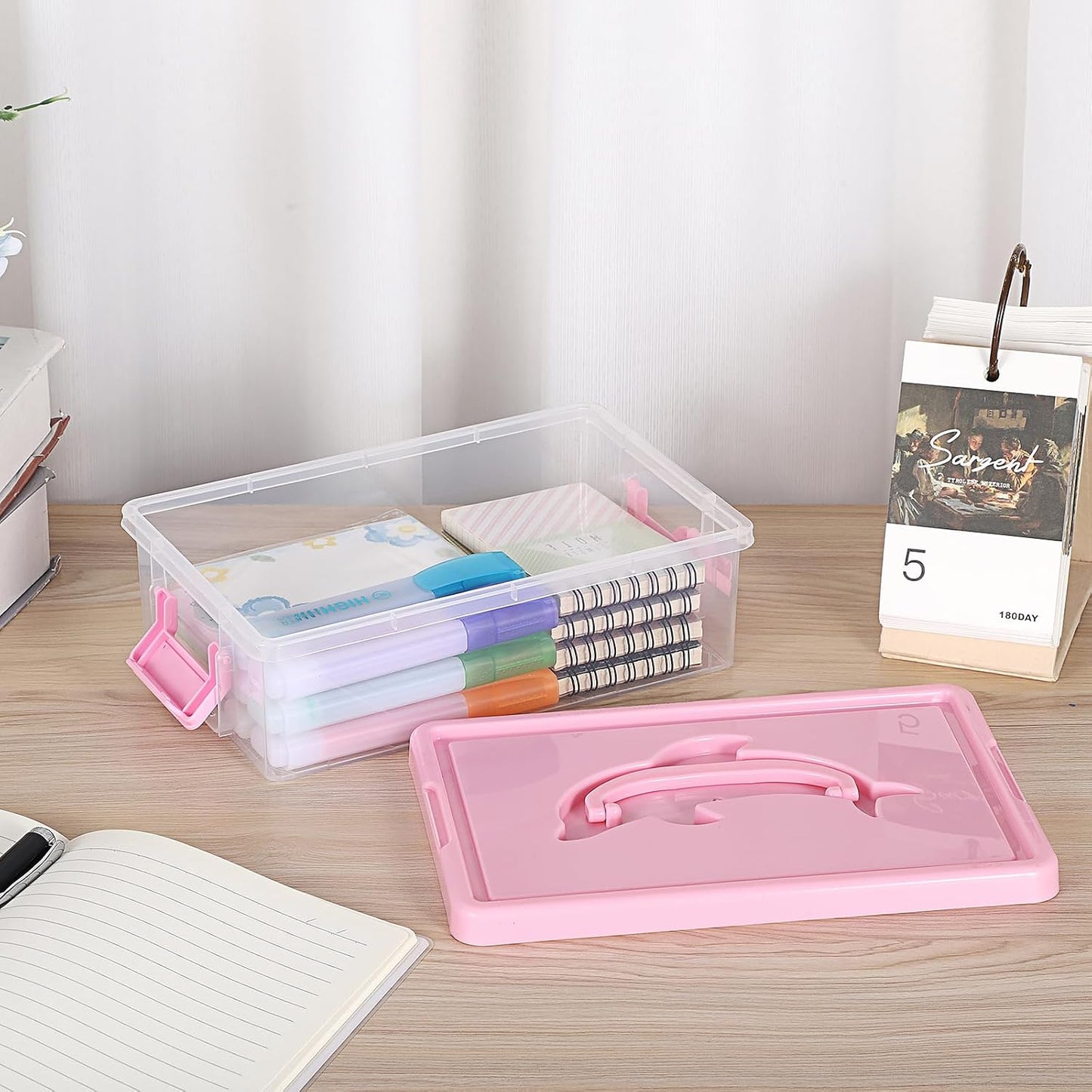 BTSKY 1-Pack Clear Small Plastic Storage Box with Lid - 9″x5.5″x2.8″, Pink