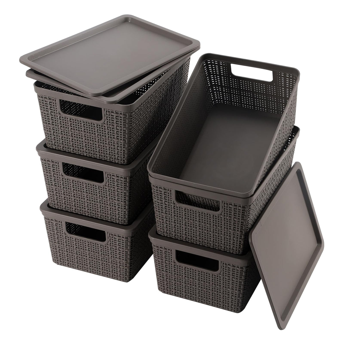 6 Pack Plastic Storage Baskets with Lid,White Stackable Bins