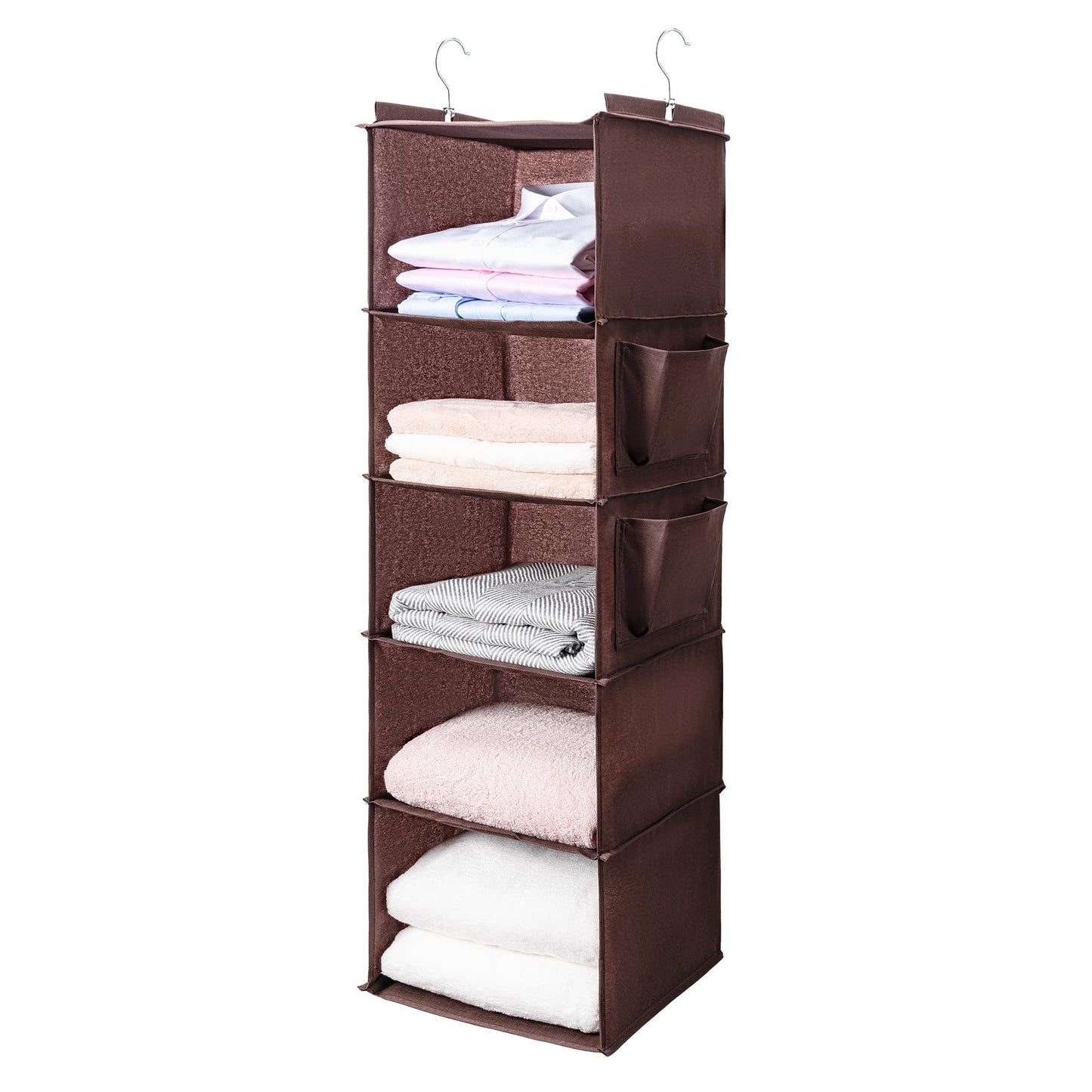 BOOMIBOO Hanging Closet Organize and Shelves，5-Hanging Shelf with 2 Side Pockets，Storage Foldable （Grey）