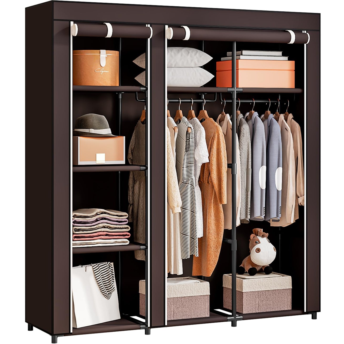 SORCEDAS Wardrobe Closet with Hanging Rods and Shelves for Clothes Storage